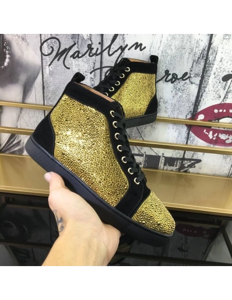 Discount Christian Louboutin Louis Strass Sneakers Suede Calf And Strass Black Gold Outlet