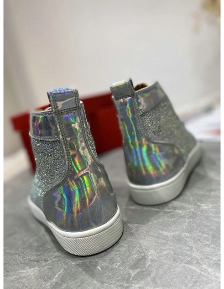 Christian Louboutin Louis Strass High-top Sneakers Iridescent Leather and Strass Silver