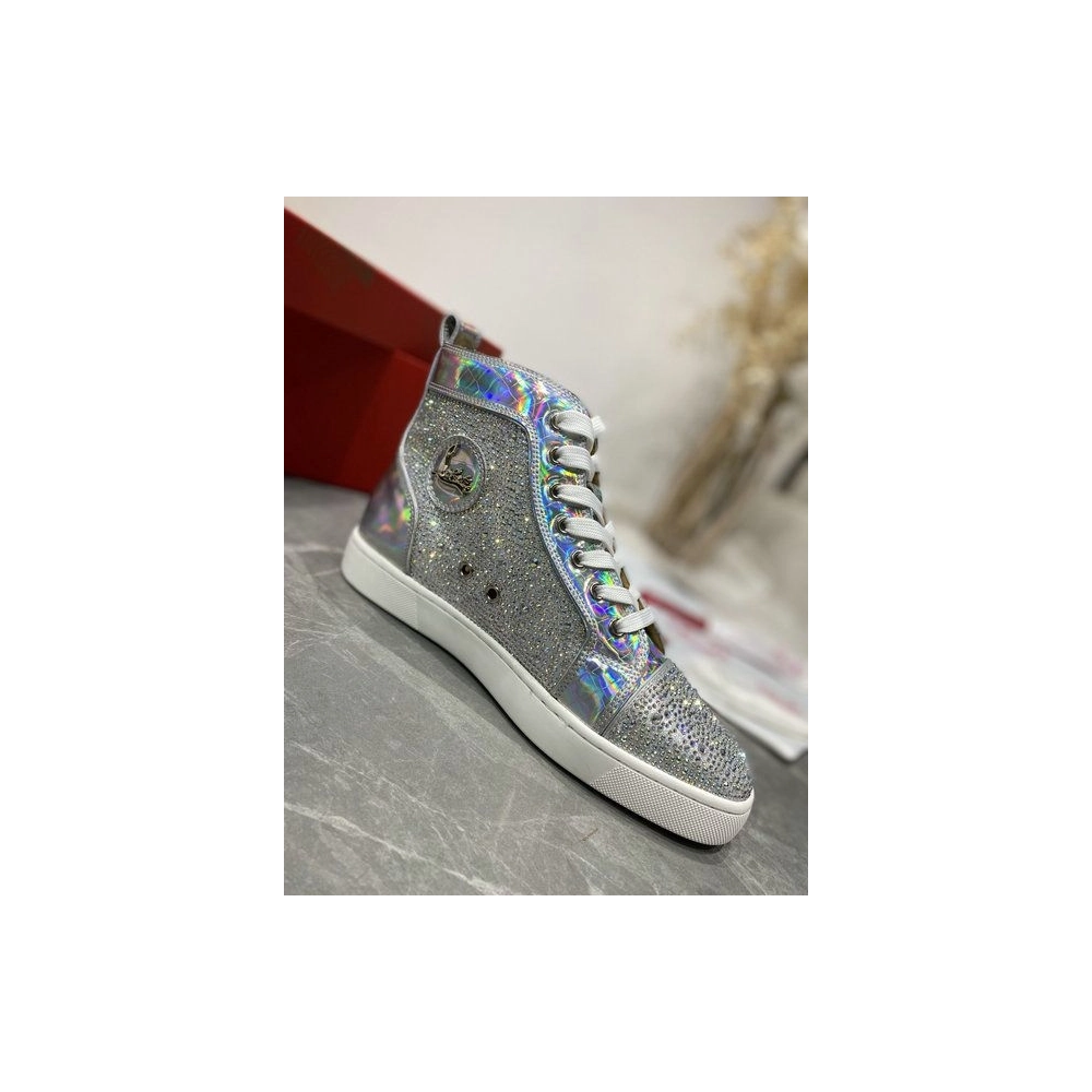 Christian Louboutin Louis Strass High-top Sneakers Iridescent Leather and Strass Silver