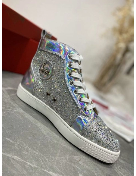 Christian Louboutin Louis Strass High-top Sneakers Iridescent Leather and Strass Silver