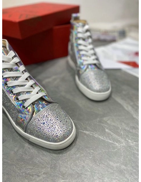 Christian Louboutin Louis Strass High-top Sneakers Iridescent Leather and Strass Silver