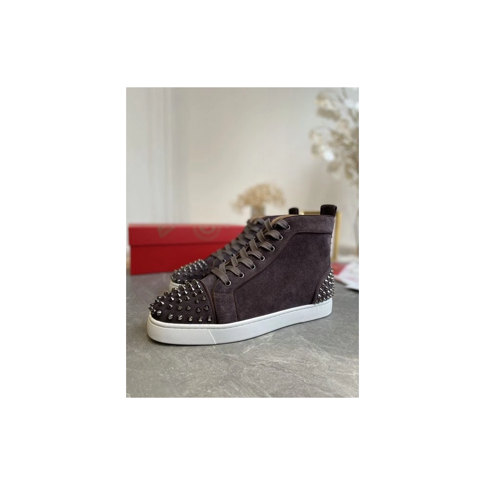 Cheap Christian Louboutin Louis Spikes 2 High-top Sneakers Suede Coffee Sale Online