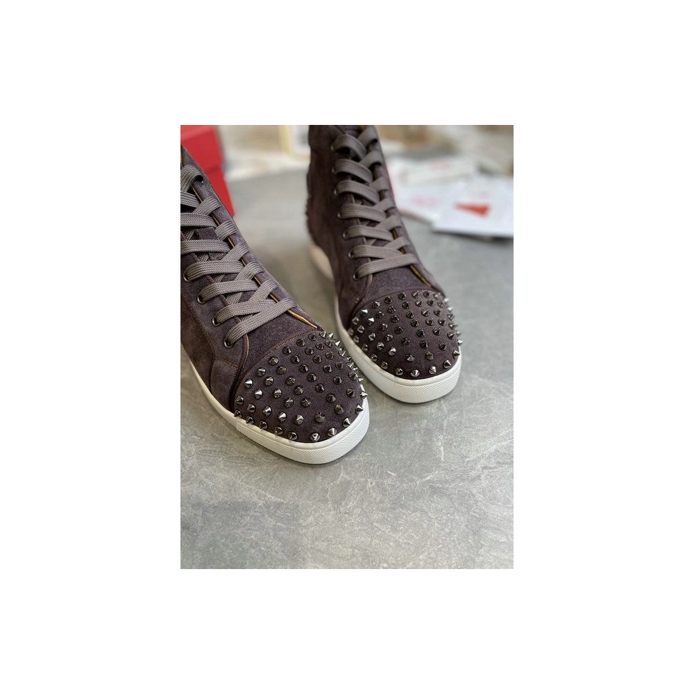 Cheap Christian Louboutin Louis Spikes 2 High-top Sneakers Suede Coffee Sale Online