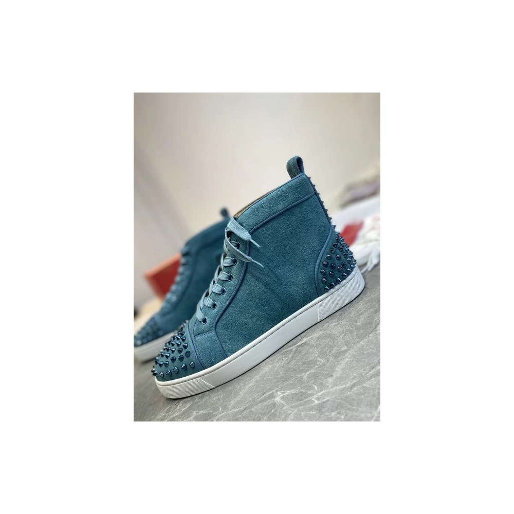 Fake Christian Louboutin Louis Spikes 2 High-top Sneakers Suede Blue, Replica CL Shoes
