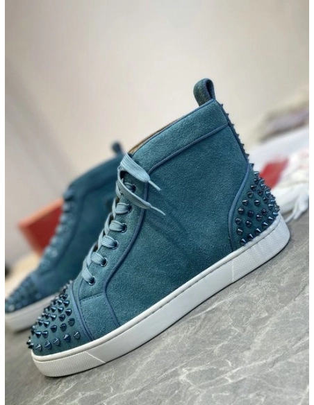Fake Christian Louboutin Louis Spikes 2 High-top Sneakers Suede Blue, Replica CL Shoes