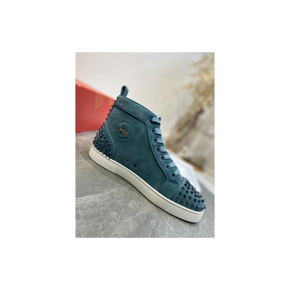 Fake Christian Louboutin Louis Spikes 2 High-top Sneakers Suede Blue, Replica CL Shoes