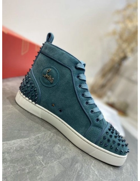 Fake Christian Louboutin Louis Spikes 2 High-top Sneakers Suede Blue, Replica CL Shoes