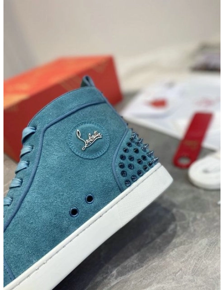 Fake Christian Louboutin Louis Spikes 2 High-top Sneakers Suede Blue, Replica CL Shoes