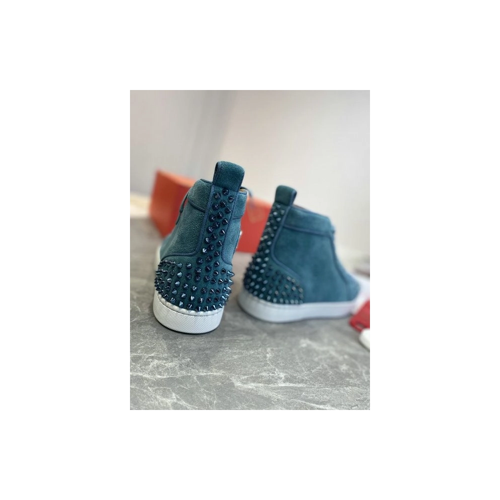 Fake Christian Louboutin Louis Spikes 2 High-top Sneakers Suede Blue, Replica CL Shoes