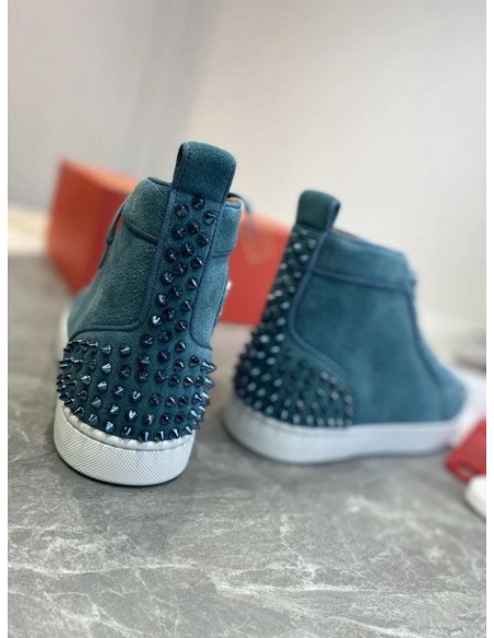 Fake Christian Louboutin Louis Spikes 2 High-top Sneakers Suede Blue, Replica CL Shoes