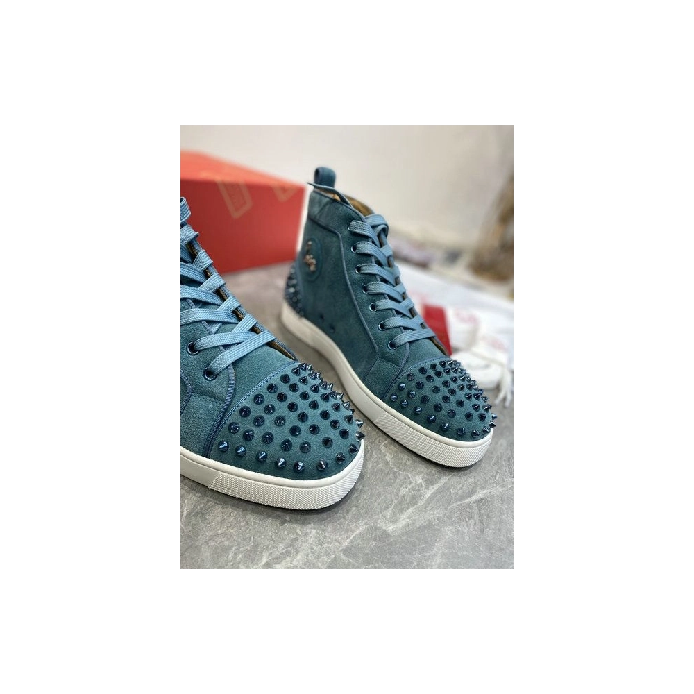 Fake Christian Louboutin Louis Spikes 2 High-top Sneakers Suede Blue, Replica CL Shoes