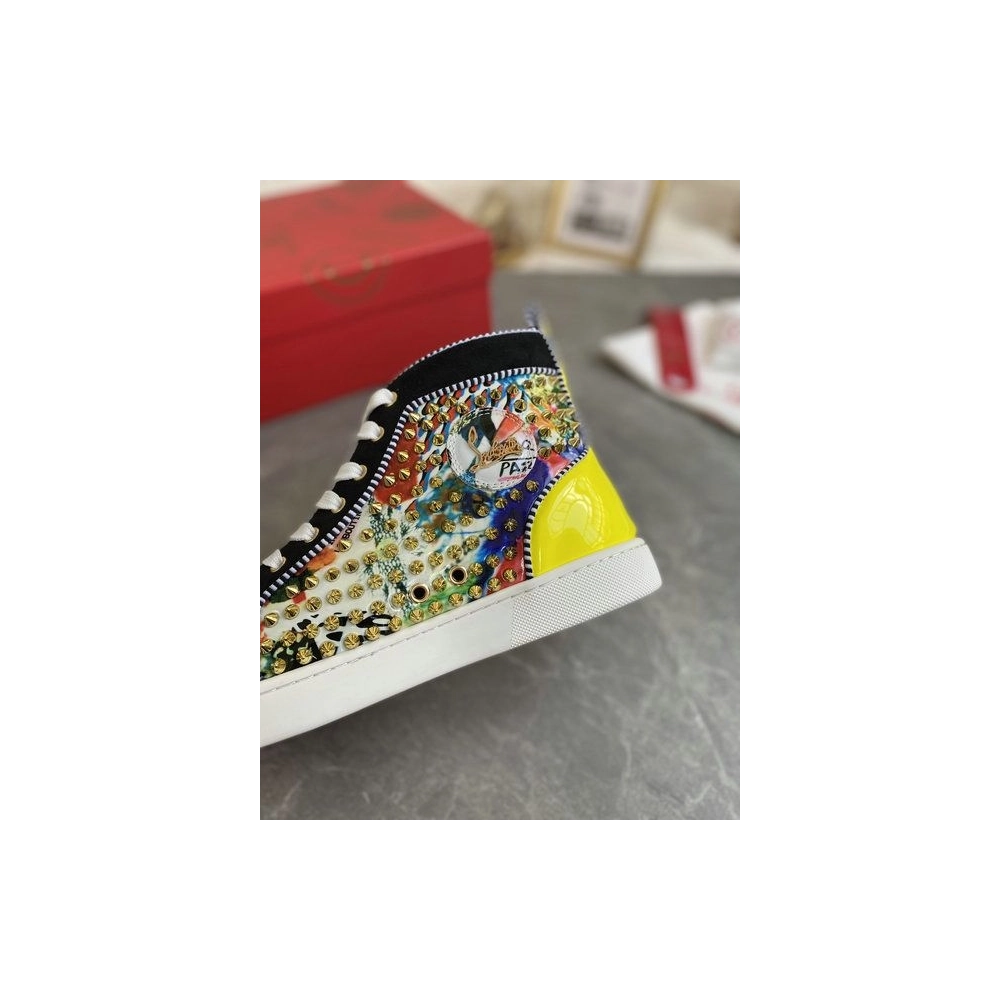 Cheap Christian Louboutin Louis Orlato Spikes High-top Sneakers Velvet and Leather Multicolor for Sale