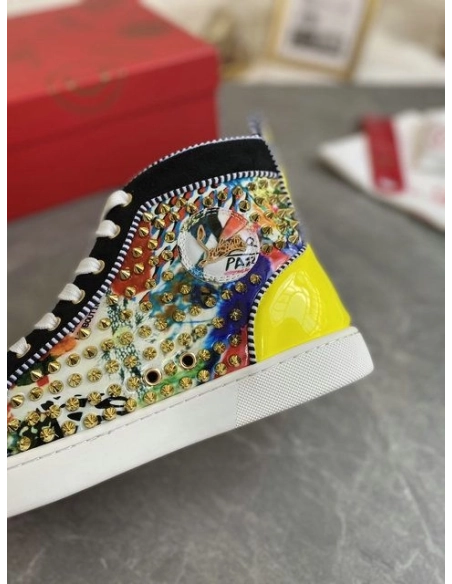 Cheap Christian Louboutin Louis Orlato Spikes High-top Sneakers Velvet and Leather Multicolor for Sale