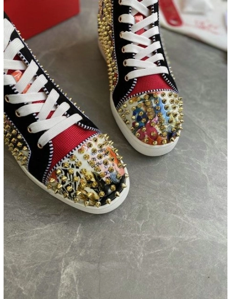 Cheap Christian Louboutin Louis Orlato Spikes High-top Sneakers Velvet and Leather Multicolor for Sale