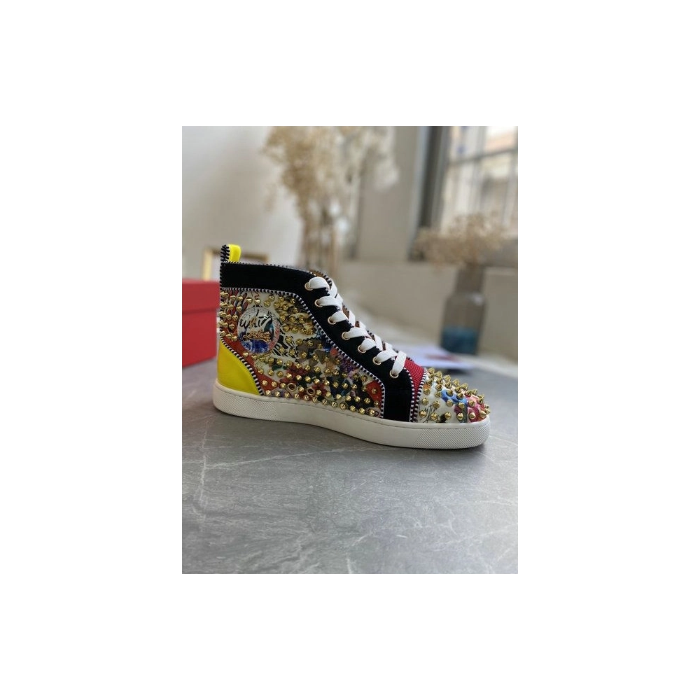 Cheap Christian Louboutin Louis Orlato Spikes High-top Sneakers Velvet and Leather Multicolor for Sale