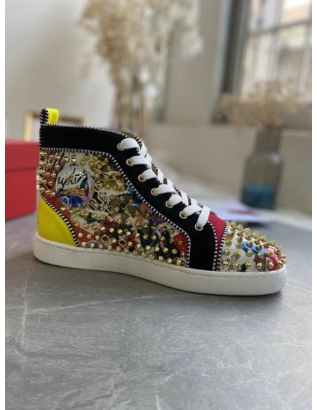 Cheap Christian Louboutin Louis Orlato Spikes High-top Sneakers Velvet and Leather Multicolor for Sale