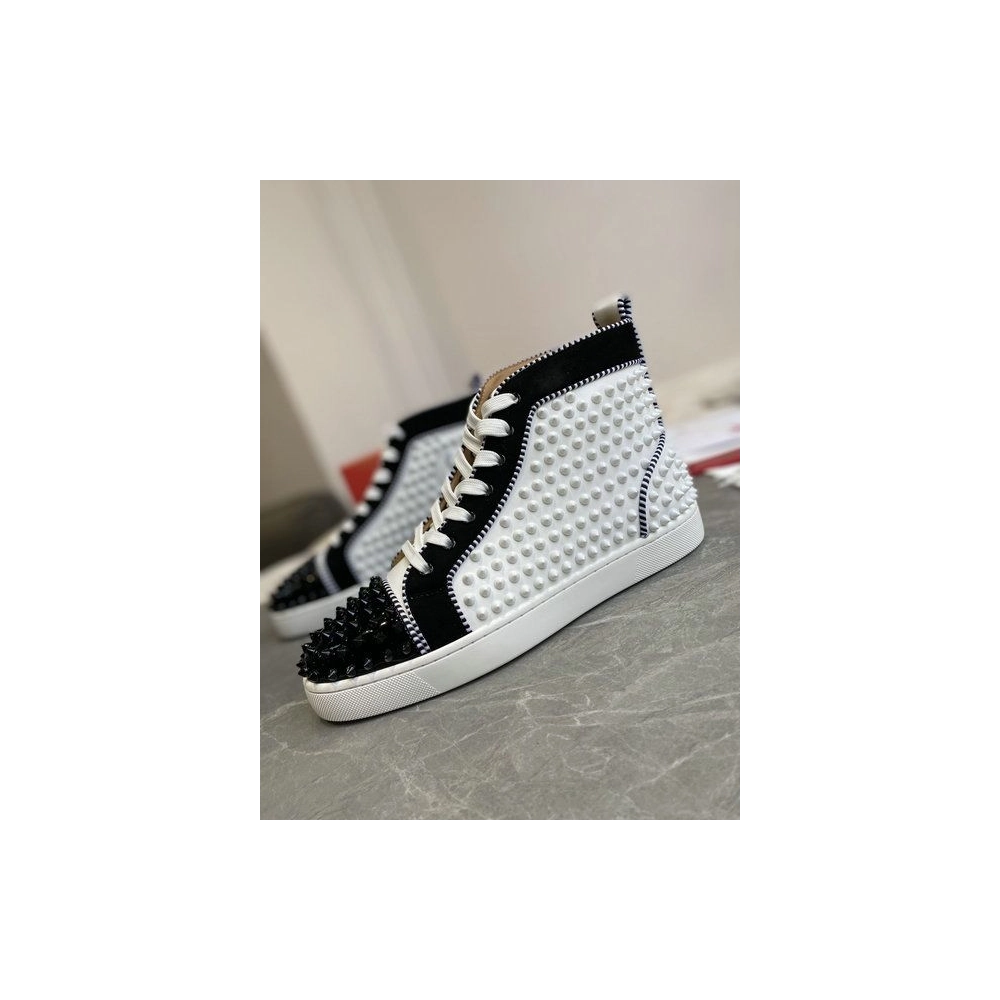 Fake Christian Louboutin Louis Spikes 2 High-Top Sneakers Suede and Calf Leather White Black