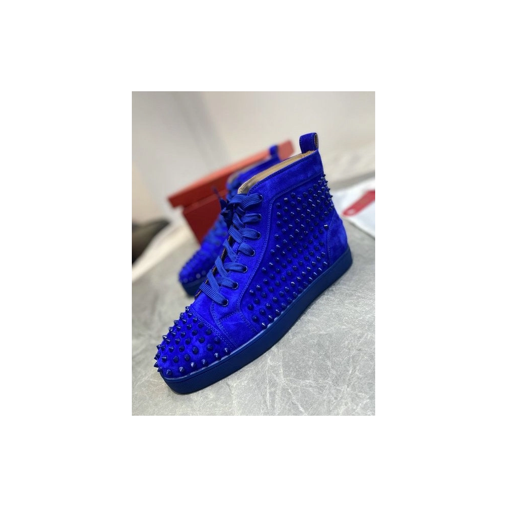 Knockoff Christian Louboutin Louis Spikes High-Top Sneakers Veau Velous Klein Blue