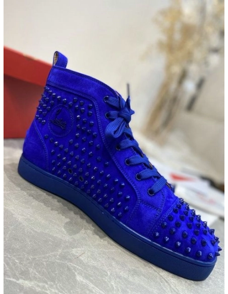 Knockoff Christian Louboutin Louis Spikes High-Top Sneakers Veau Velous Klein Blue
