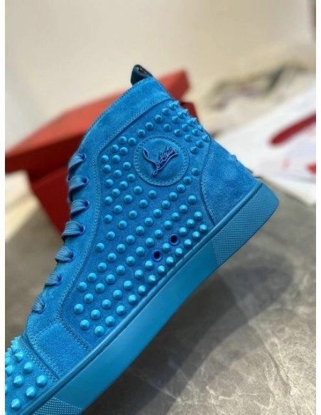 Fake Christian Louboutin Louis Spikes High-Top Sneakers Veau Velous Blue, Knockoff CL Shoes