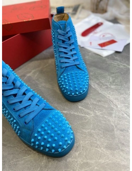 Fake Christian Louboutin Louis Spikes High-Top Sneakers Veau Velous Blue, Knockoff CL Shoes