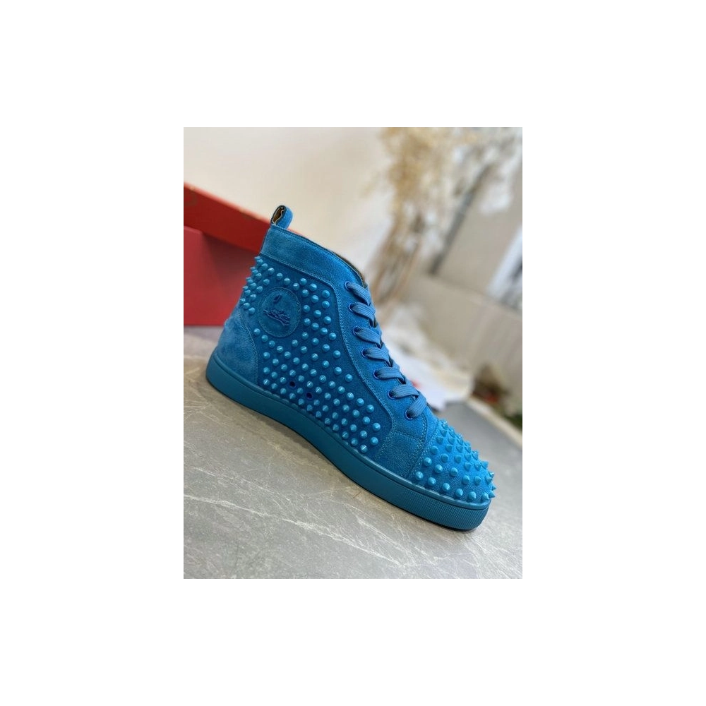 Fake Christian Louboutin Louis Spikes High-Top Sneakers Veau Velous Blue, Knockoff CL Shoes