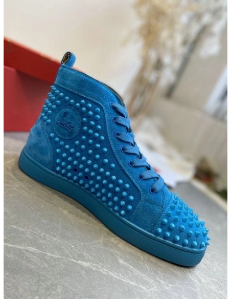 Fake Christian Louboutin Louis Spikes High-Top Sneakers Veau Velous Blue, Knockoff CL Shoes