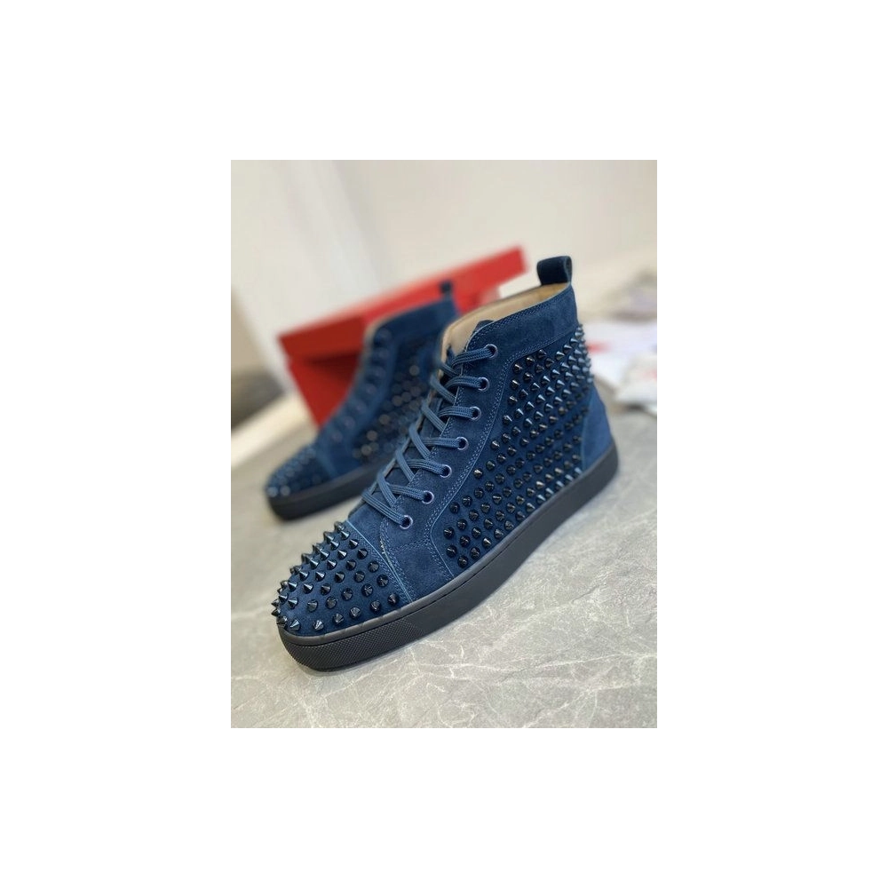 Discount Christian Louboutin Louis Spikes High-Top Sneakers Veau Velous Navy Blue Outlet Online