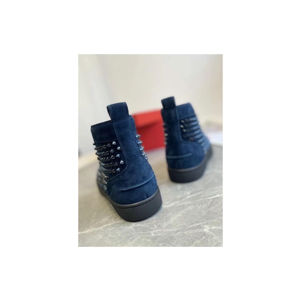 Discount Christian Louboutin Louis Spikes High-Top Sneakers Veau Velous Navy Blue Outlet Online
