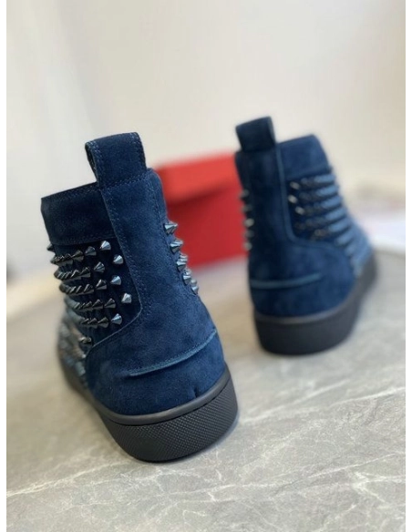 Discount Christian Louboutin Louis Spikes High-Top Sneakers Veau Velous Navy Blue Outlet Online