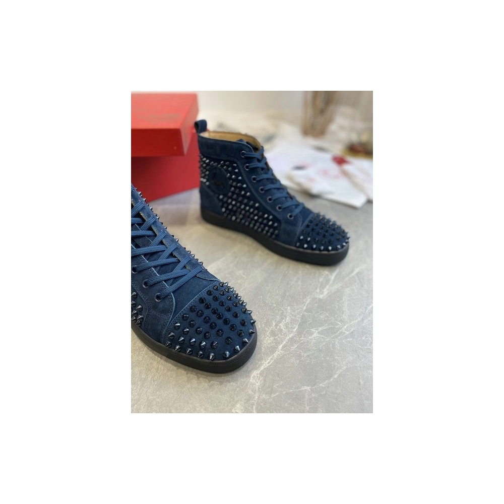 Discount Christian Louboutin Louis Spikes High-Top Sneakers Veau Velous Navy Blue Outlet Online