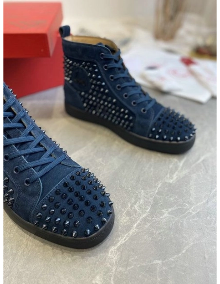Discount Christian Louboutin Louis Spikes High-Top Sneakers Veau Velous Navy Blue Outlet Online