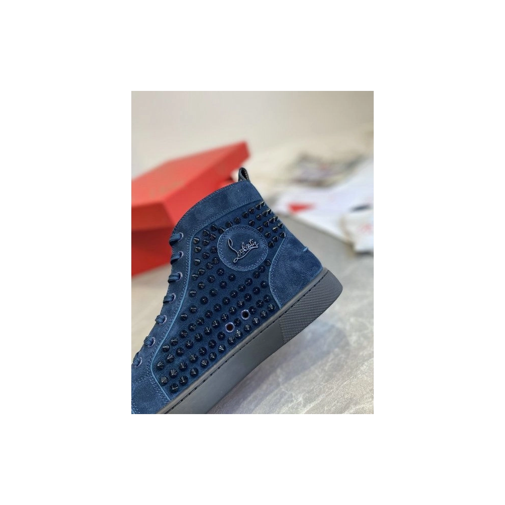 Discount Christian Louboutin Louis Spikes High-Top Sneakers Veau Velous Navy Blue Outlet Online