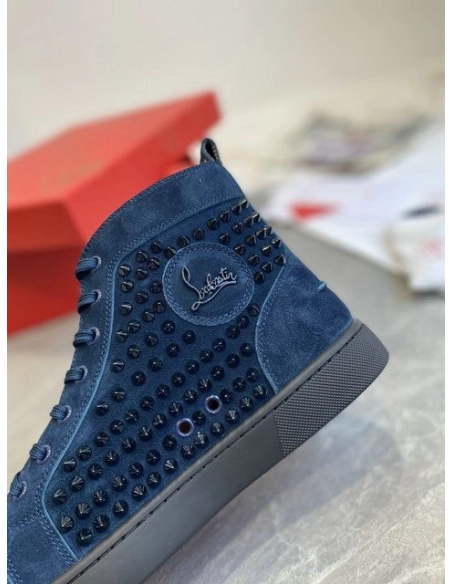 Discount Christian Louboutin Louis Spikes High-Top Sneakers Veau Velous Navy Blue Outlet Online