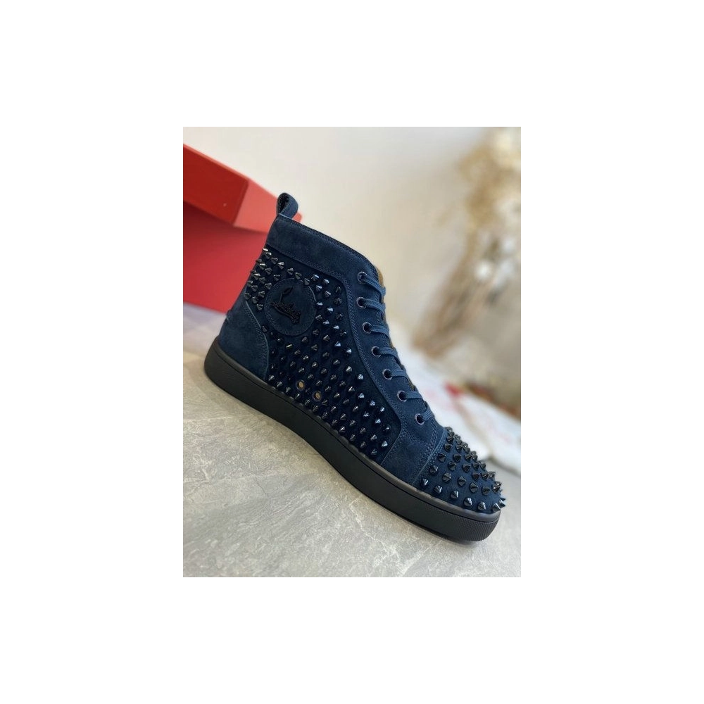 Discount Christian Louboutin Louis Spikes High-Top Sneakers Veau Velous Navy Blue Outlet Online
