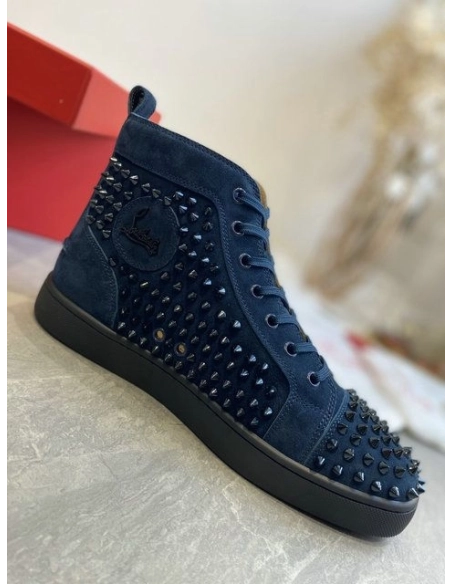 Discount Christian Louboutin Louis Spikes High-Top Sneakers Veau Velous Navy Blue Outlet Online