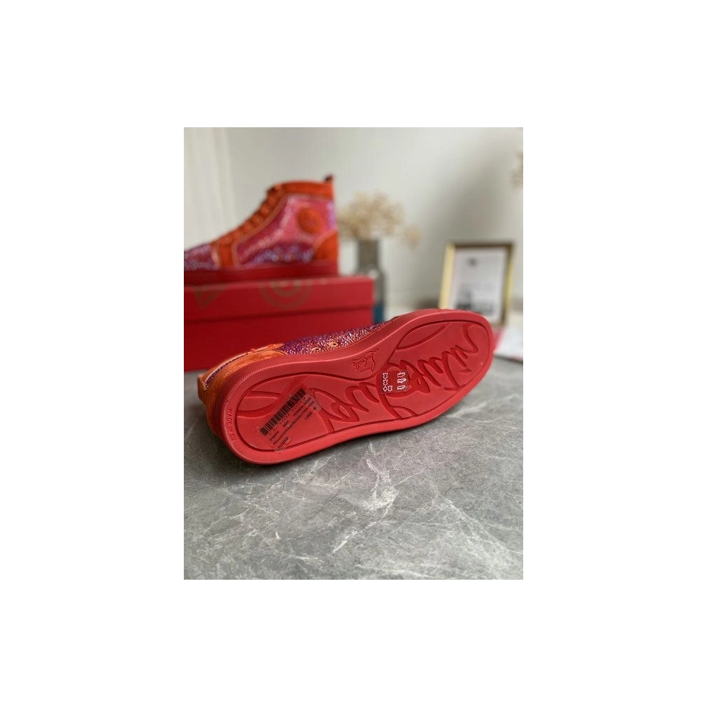 Cheap Christian Louboutin Louis Strass High-Top Sneakers Veau Velous and Strass Orange Sale Online