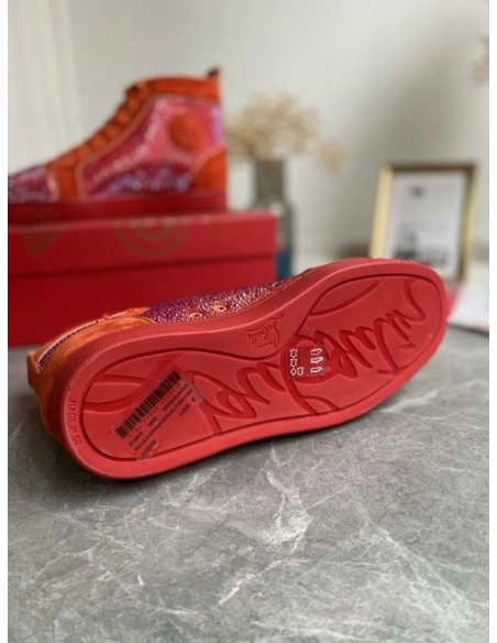Cheap Christian Louboutin Louis Strass High-Top Sneakers Veau Velous and Strass Orange Sale Online