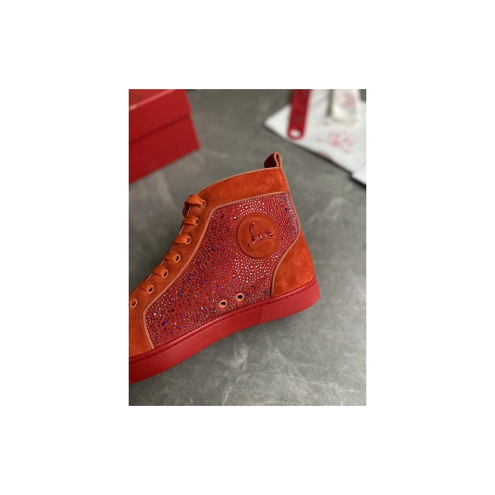 Cheap Christian Louboutin Louis Strass High-Top Sneakers Veau Velous and Strass Orange Sale Online