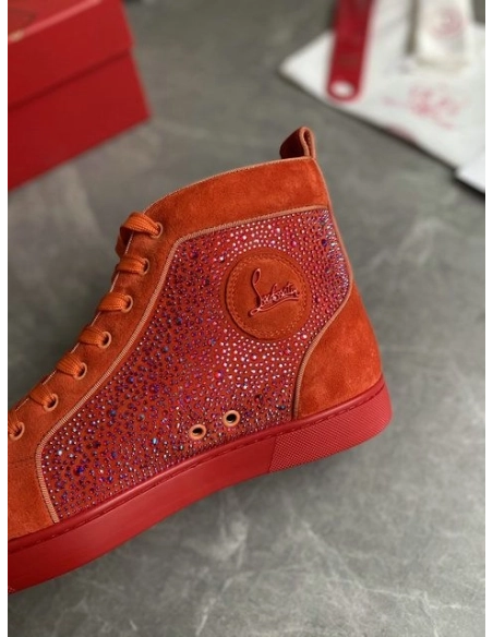 Cheap Christian Louboutin Louis Strass High-Top Sneakers Veau Velous and Strass Orange Sale Online