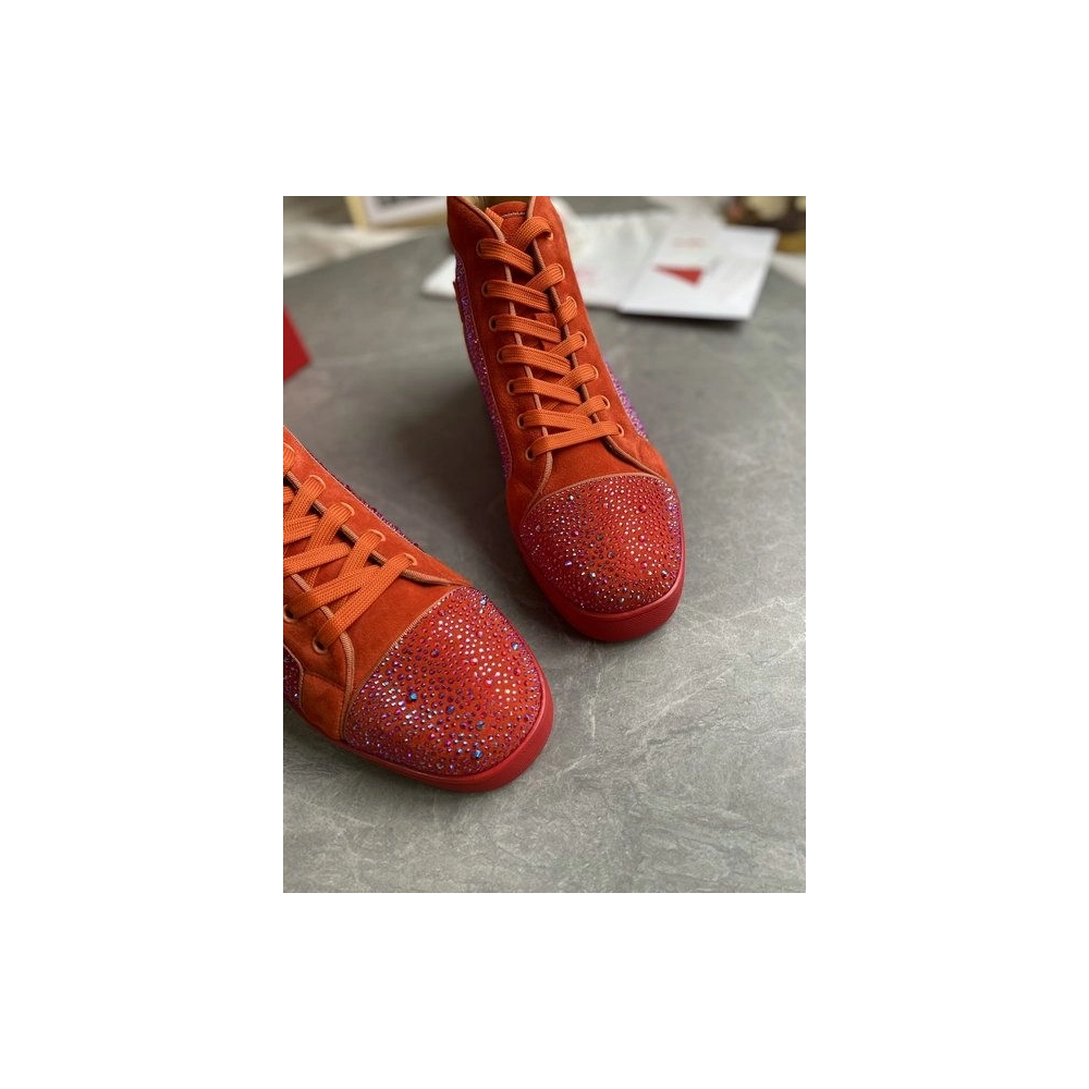 Cheap Christian Louboutin Louis Strass High-Top Sneakers Veau Velous and Strass Orange Sale Online