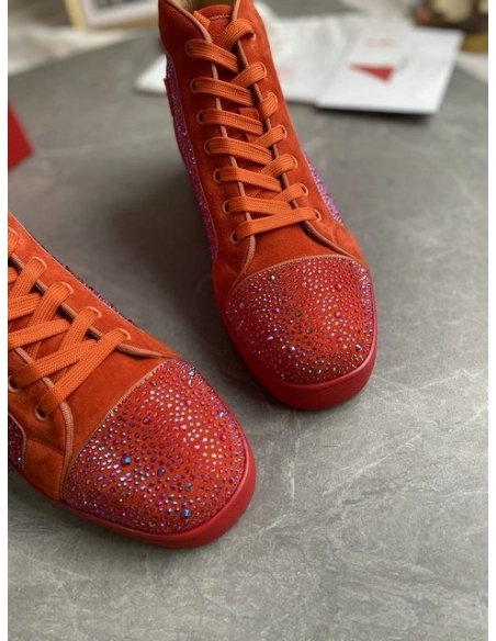 Cheap Christian Louboutin Louis Strass High-Top Sneakers Veau Velous and Strass Orange Sale Online