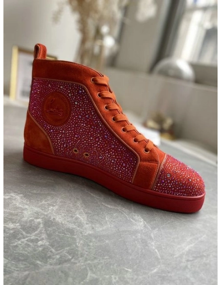 Cheap Christian Louboutin Louis Strass High-Top Sneakers Veau Velous and Strass Orange Sale Online