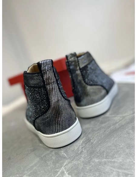 Fake Christian Louboutin Louis Strass High-Top Sneakers Leather and Strass Black
