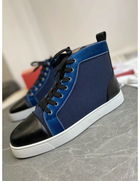 Cheap Christian Louboutin Louis High-Top Sneakers Calf Leather and Velvet Black Blue for Sale