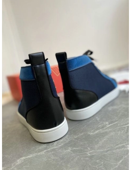 Cheap Christian Louboutin Louis High-Top Sneakers Calf Leather and Velvet Black Blue for Sale