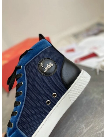 Cheap Christian Louboutin Louis High-Top Sneakers Calf Leather and Velvet Black Blue for Sale