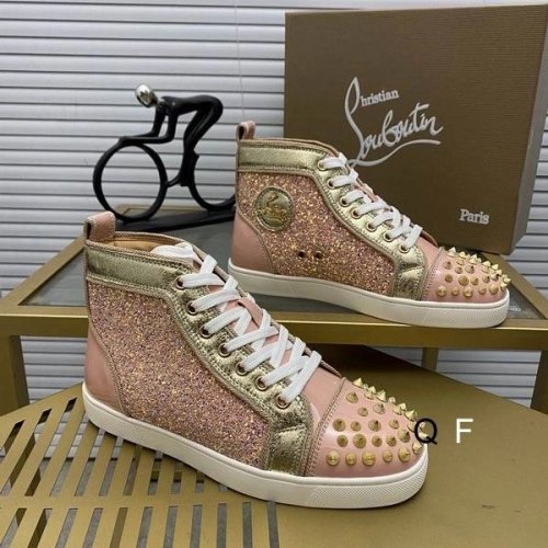Replica Christian Louboutin Lou Spikes Donna Flat Sneakers Glittered and Patent Leather Pink Gold