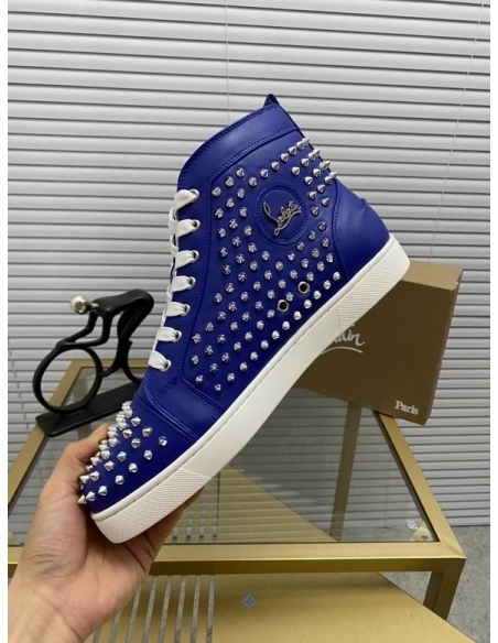 Knockoff Christian Louboutin Louis Spikes Flat High-top Sneakers Calfskin Blue