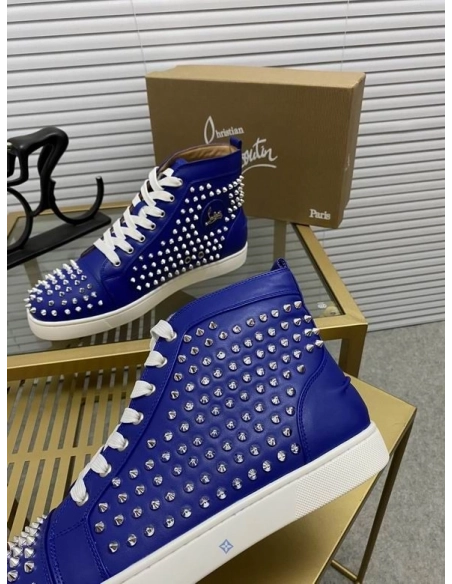 Knockoff Christian Louboutin Louis Spikes Flat High-top Sneakers Calfskin Blue